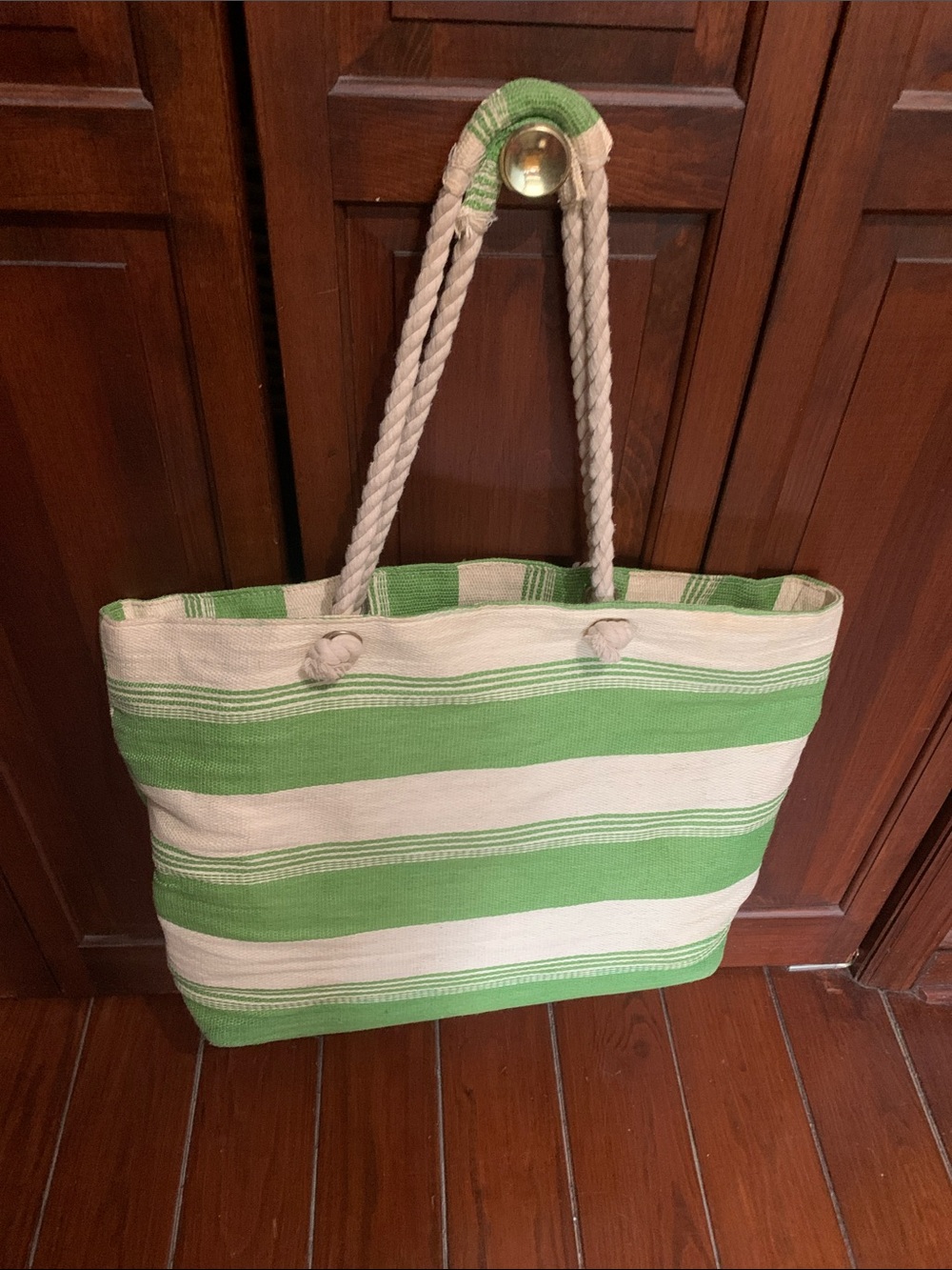 Green and Cream Striped Tote Bag with Braided Rope Handles